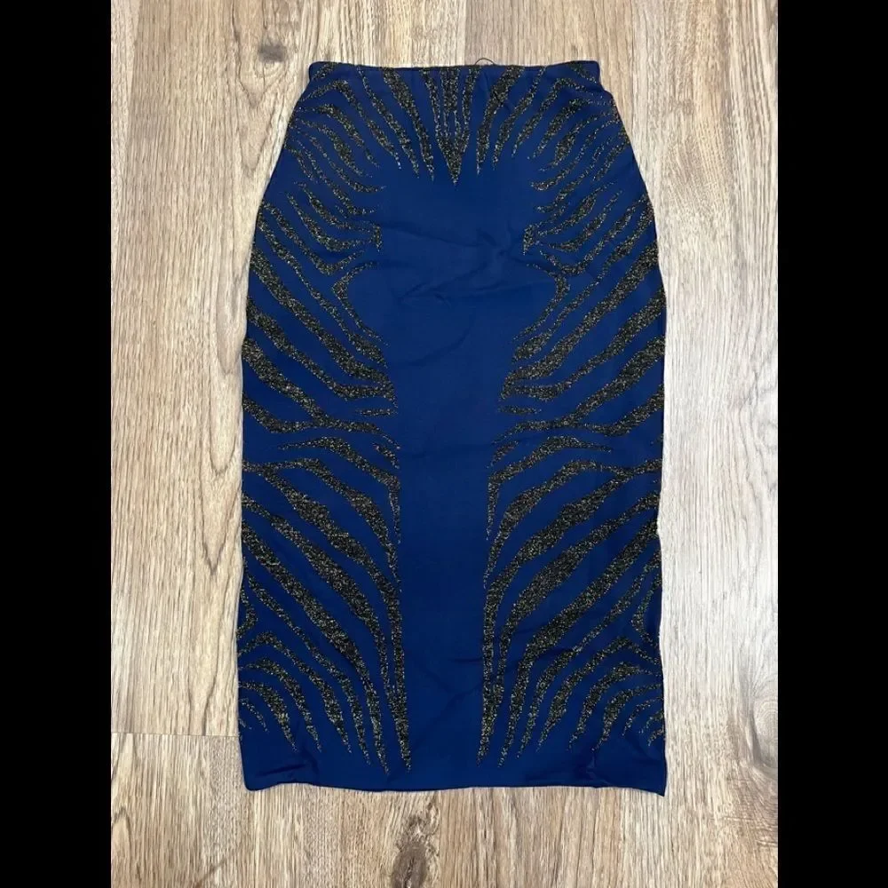 RVN Zebra Textured Jacquard Midi Skirt in Black & Navy size M NWT - Picture 2 of 4